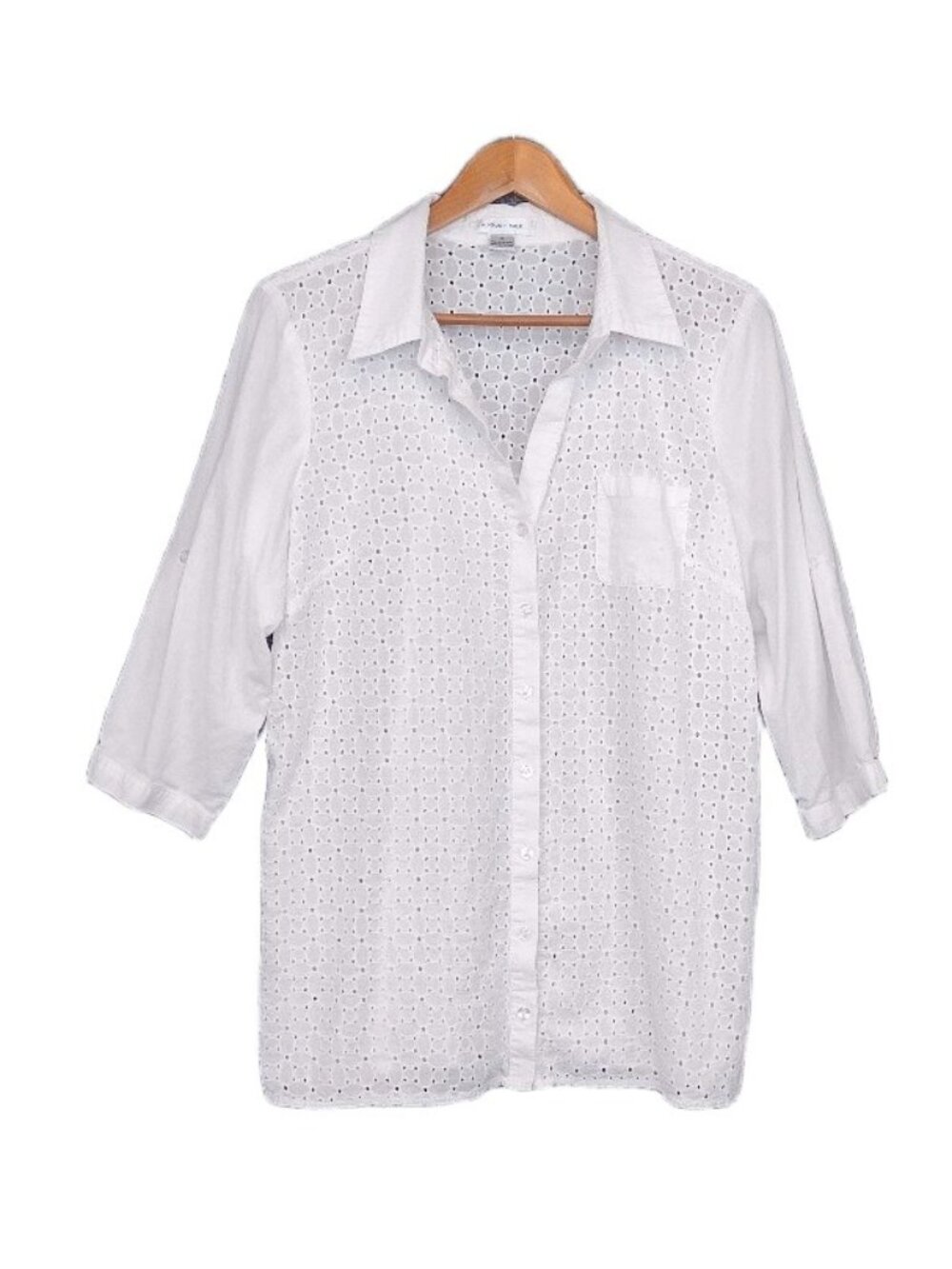 August Silk White Eyelet Lace Shirt XL 100% Cotton Button 3/4 Roll Tab Sleeve